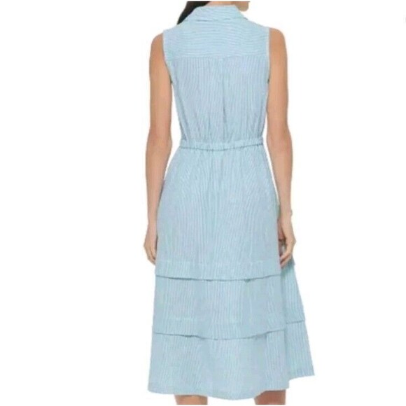 Calvin Klein Maxi Dress Sz 14 Blue Striped Linen Tiered Sleeveless A-Line - Picture 2 of 15
